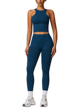 Load image into Gallery viewer, ABOCIW Workout Sets for Women, Ribbed Racerback Tank Top Bra Seamless Scrunch Butt Lifting High Waist Leggings 2 Piece Gym Yoga Outfits Tan Navy Blue

