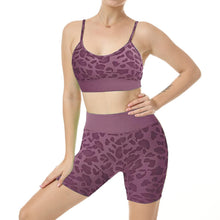 Load image into Gallery viewer, Women Seamless Yoga Set 2 Piece Workout Sport Bra with High Waist Shorts Legging Outfit Tracksuit.JNINTH (Leopard Grape Purple)
