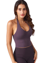Load image into Gallery viewer, YEOREO Women's Halter Crop Top V Neck Workout Going Out Tank Top Hazel Padded Sleeveless Backless Trendy Summer Camisole BlackBerry Purple
