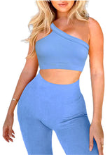 Load image into Gallery viewer, Workout Sets for Women, Two Piece Sexy One Shoulder Matching Crop Tank Top Set,Cut Ribbed Seamless High Waist Shorts (Light Sky Blue)
