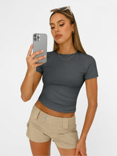 Load image into Gallery viewer, AUTOMET Womens Short Sleeve T Shirts Basic Summer 2025 Workout Tops Crew Neck Gym Crop Tops Trendy Y2K Clothes Gray
