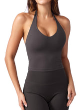 Load image into Gallery viewer, YEOREO Women's Halter Crop Top V Neck Workout Going Out Tank Top Hazel Padded Sleeveless Backless Trendy Summer Camisole Dark Gray
