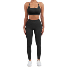 Load image into Gallery viewer, SUUKSESS Women Seamless 2 piece Workout Sets Strappy Padded Sports Bra Booty High Waisted Leggings Outfits (Black)
