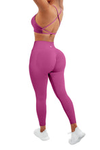 Load image into Gallery viewer, SUUKSESS Women Seamless 2 piece Workout Sets Strappy Padded Sports Bra Booty High Waisted Leggings Outfits (Hot Pink)
