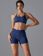 Load image into Gallery viewer, ABOCIW Workout Sets for Women Seamless V Back Scrunch Butt Lifting High Waist Biker Shorts Cross Back Sports Bra 2 Piece Yoga Gym Sets Navy Blue
