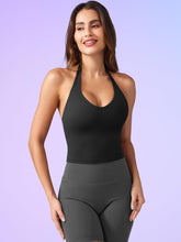 Load image into Gallery viewer, YEOREO Women's Halter Crop Top V Neck Workout Going Out Tank Top Hazel Padded Sleeveless Backless Trendy Summer Camisole Black
