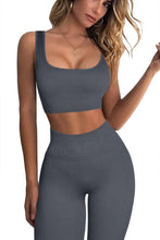Load image into Gallery viewer, QINSEN Ribbed Workout Outfits for Women 2 Piece Seamless Sport Bra High Waist Yoga Leggings Set Dark Grey
