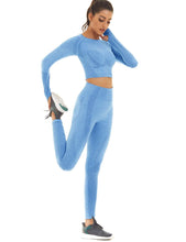 Load image into Gallery viewer, Toplook Women Seamless Workout Outfits Athletic Set Leggings + Long Sleeve Top 2 Pieces(Ligth Blue)
