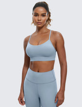 Load image into Gallery viewer, CRZ YOGA Butterluxe Womens Y Back Sports Bra - Padded Racerback Low Impact Spaghetti Thin Strap Workout Yoga Top Cambric Blue
