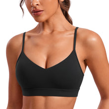 Load image into Gallery viewer, CRZ YOGA Butterluxe V-Neck Sports Bras for Women - Adjustable Thin Straps Padded Yoga Top Basic Wireless Camisole Black

