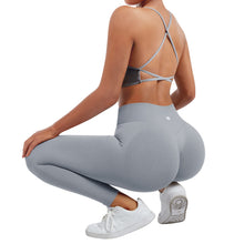 Load image into Gallery viewer, SUUKSESS Women Seamless 2 piece Workout Sets Strappy Padded Sports Bra Booty High Waisted Leggings Outfits (Grey Blue)
