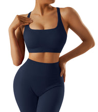 Load image into Gallery viewer, RXRXCOCO Ribbed Workout Sets for Women 2 Piece Backless Strappy Sports Bra Seamless Leggings Matching Set Yoga Outfits Navy
