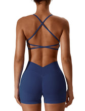 Load image into Gallery viewer, ABOCIW Workout Sets for Women Seamless V Back Scrunch Butt Lifting High Waist Biker Shorts Cross Back Sports Bra 2 Piece Yoga Gym Sets Navy Blue
