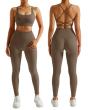 Load image into Gallery viewer, RXRXCOCO Ribbed Workout Sets for Women 2 Piece Backless Strappy Sports Bra Seamless Leggings Matching Set Yoga Outfits Brown
