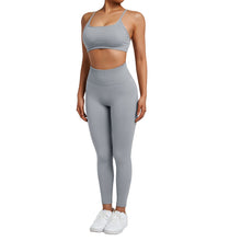 Load image into Gallery viewer, SUUKSESS Women Seamless 2 piece Workout Sets Strappy Padded Sports Bra Booty High Waisted Leggings Outfits (Grey Blue)
