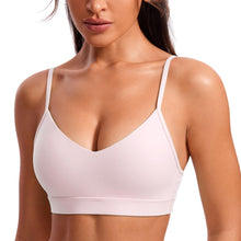 Load image into Gallery viewer, CRZ YOGA Butterluxe V-Neck Sports Bras for Women - Adjustable Thin Straps Padded Yoga Top Basic Wireless Camisole Strawberry Pink
