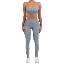 Load image into Gallery viewer, SUUKSESS Women Seamless 2 piece Workout Sets Strappy Padded Sports Bra Booty High Waisted Leggings Outfits (Grey Blue)
