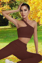 Load image into Gallery viewer, Workout Sets for Women, Cut Seamless Crop Tank Leggings Matching Sets 2 Pieces Outfits, Sexy One Shoulder Two Piece Workout Outfits(Coffee)
