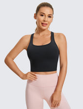 Load image into Gallery viewer, CRZ YOGA Butterluxe Womens Y-Back Racerback Longline Sports Bra - Padded Scoop Neck Workout Crop Tank Top with Built in Pads Black
