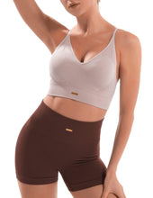 Load image into Gallery viewer, FRESOUGHT Yoga Tummy Control Booty Shorts for Women High Waist,Seamless Athletic Workout Shirt 2 Piece Outfits Set Brown
