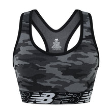 Load image into Gallery viewer, New Balance Womens Seamless Wirefree, Racerback Sports Bra with Removable Pads, Bottom Band with Logo, Camo Black
