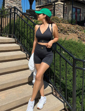 Load image into Gallery viewer, FRESOUGHT Workout Sets for Women 2 Piece Ribbed Yoga Outfits Sports Bra Seamless Gym High Waisted Biker Shorts Set Black
