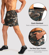 Load image into Gallery viewer, G Gradual Men's 5" Running Shorts with Zip Pockets – Quick-Dry Gym &amp; Athletic Workout Shorts in Green Camo

