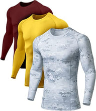 Load image into Gallery viewer, ATHLIO Men's UPF 50+ Long Sleeve Compression Shirts, Water Sports Rash Guard Base Layer, Athletic Workout Shirt, 3pack Arctic Camo/Brick/Yellow
