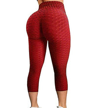 Load image into Gallery viewer, FITTOO Women's High Waist Textured Yoga Pants Tummy Control Scrunched Booty Capri Leggings Workout Running Butt Lift Textured Tights Red
