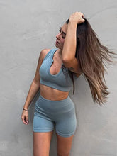 Load image into Gallery viewer, OQQ Workout Outfits for Women 2 Piece Seamless Ribbed High Waist Leggings with Sports Bra Exercise Set Blue1
