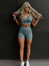 Load image into Gallery viewer, OQQ Workout Outfits for Women 2 Piece Seamless Ribbed High Waist Leggings with Sports Bra Exercise Set Blue1
