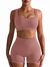 Load image into Gallery viewer, OQQ Workout Outfits for Women 2 Piece Seamless Ribbed High Waist Leggings with Sports Bra Exercise Set Warmpink
