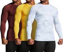 Load image into Gallery viewer, ATHLIO Men's UPF 50+ Long Sleeve Compression Shirts, Water Sports Rash Guard Base Layer, Athletic Workout Shirt, 3pack Arctic Camo/Brick/Yellow
