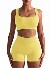 Load image into Gallery viewer, OQQ Workout Outfits for Women 2 Piece Seamless Ribbed High Waist Leggings with Sports Bra Exercise Set Baby Yellow
