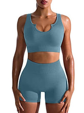Load image into Gallery viewer, OQQ Workout Outfits for Women 2 Piece Seamless Ribbed High Waist Leggings with Sports Bra Exercise Set Blue1
