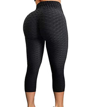 Load image into Gallery viewer, FITTOO Women's High Waist Textured Yoga Pants Tummy Control Scrunched Booty Capri Leggings Workout Running Butt Lift Textured Tights Black
