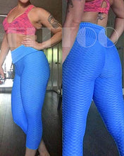 Load image into Gallery viewer, FITTOO Women's High Waist Yoga Pants Tummy Control Scrunched Booty Capri Leggings Workout Running Butt Lift Textured Tights Blue
